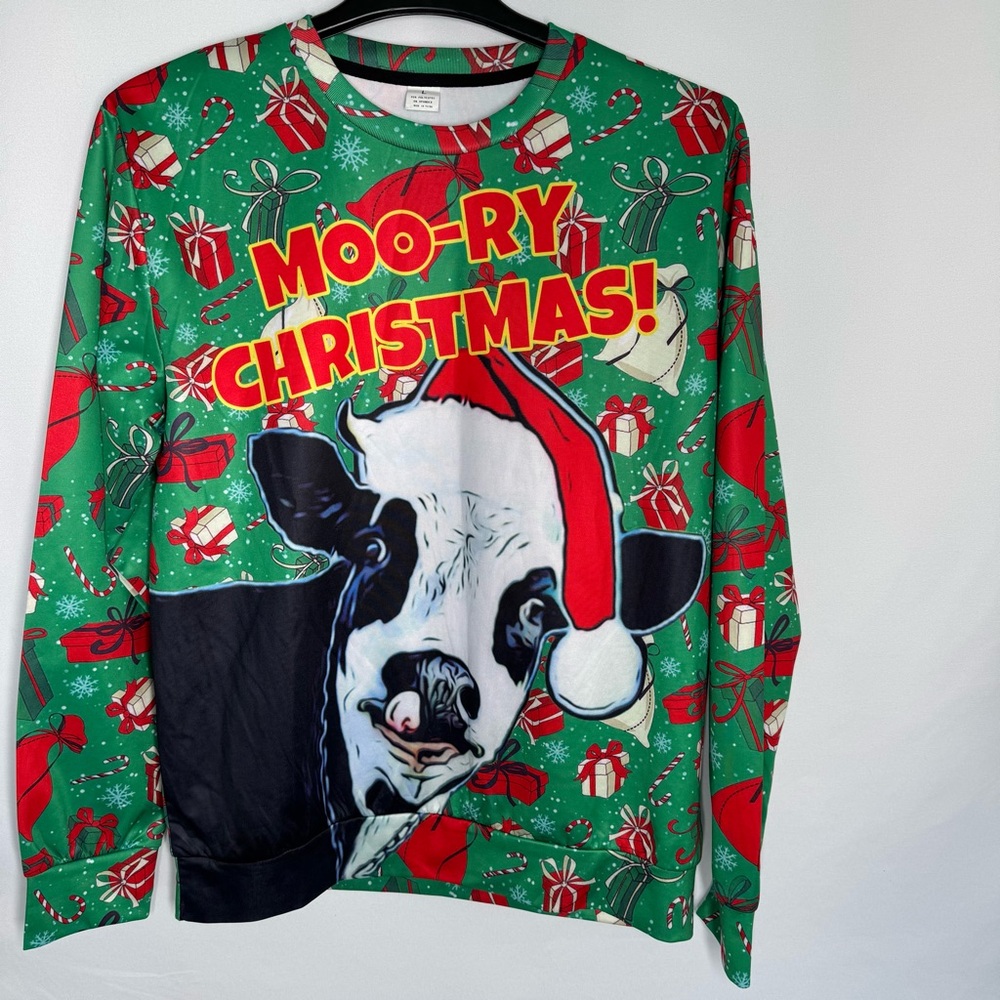 💜3/$15 Moo-ry Christmas Ugly Christmas Funny Holstein Cow Pullover - Unisex L